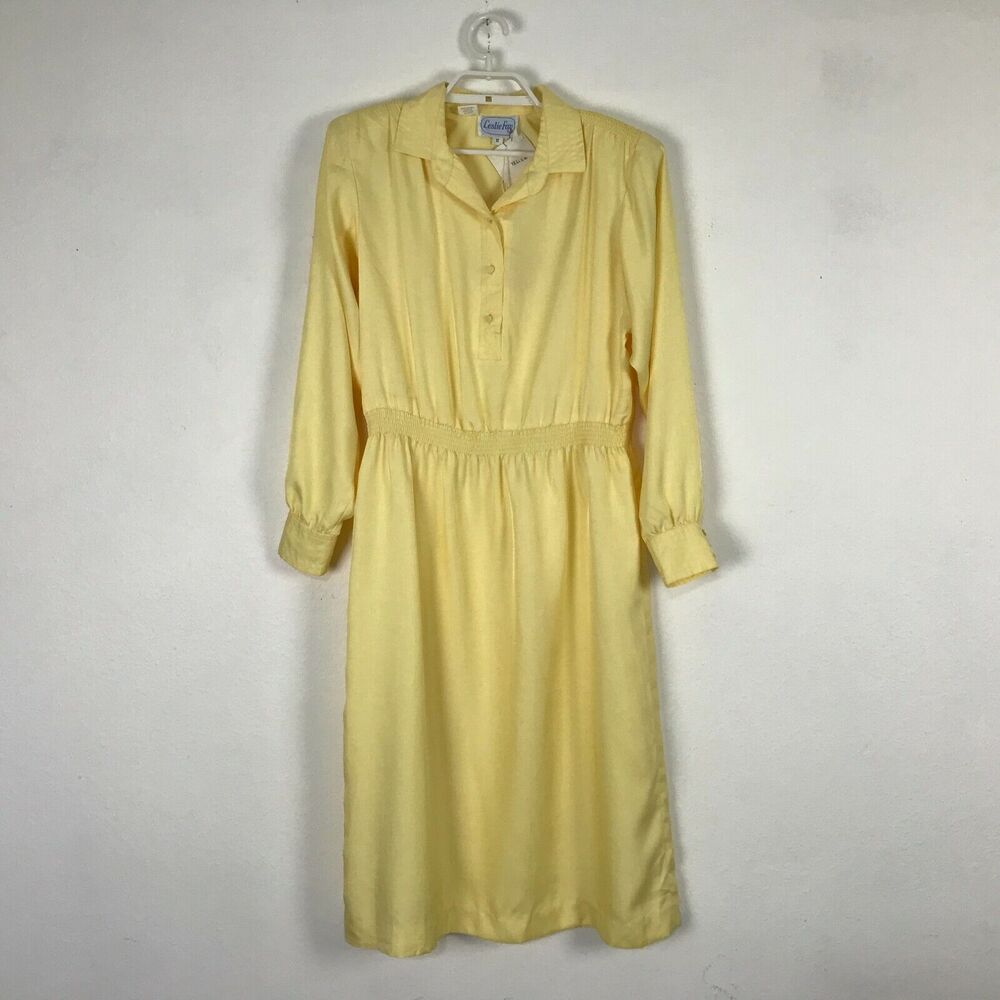 Vintage 80s Leslie Fay Dress Size 12‎ Polyester Yellow Secretary Long Sleeve